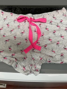 Jenni Pink Flamingo Print Grey Lounge Shorts with Bright Pink Tie